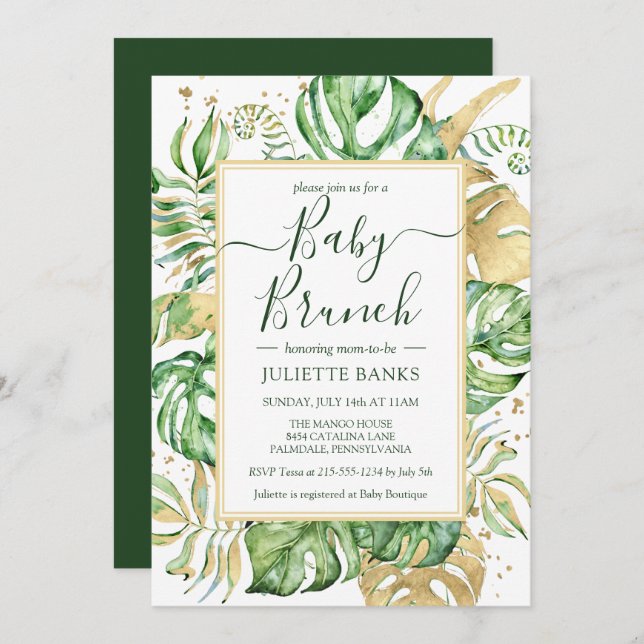 Elegant Tropical Botanical Baby Shower Brunch Inbjudningar (Fram/baksida)