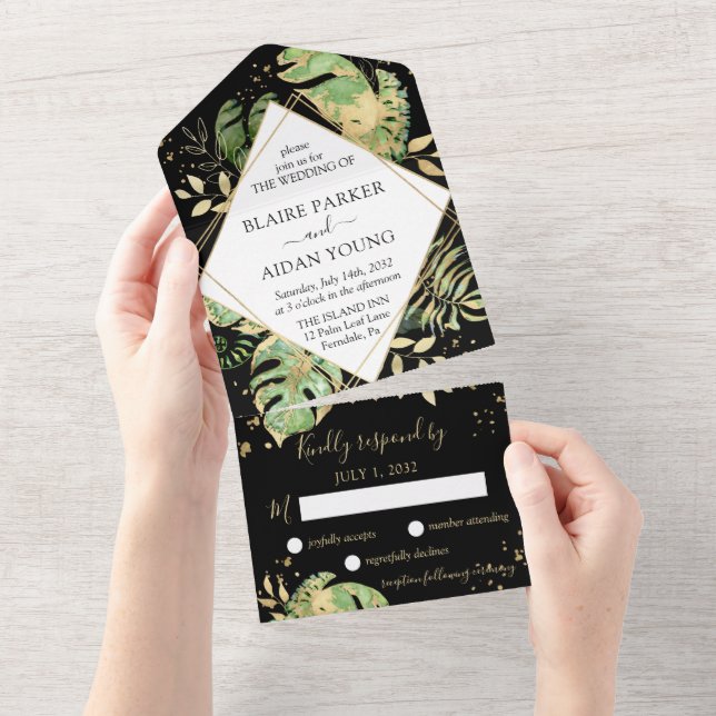 Elegant Tropical Botanical Black & Guld Bröllop (Avrivbar del)
