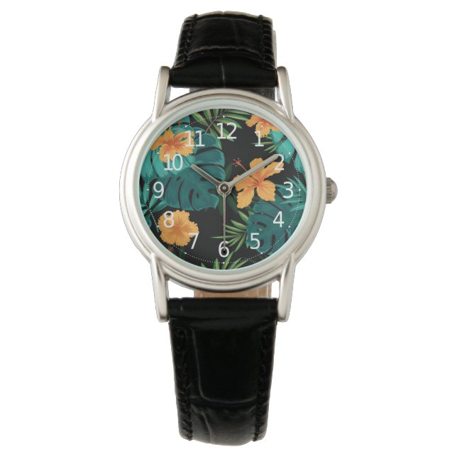 Elegant Tropical Botanical Blommigt & Lövs Art | Armbandsur (Framsida)