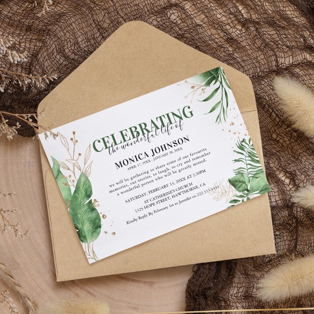 Elegant Tropical Botanical Grey & Guld Funeral Inbjudningar (Skapare uppladdad)