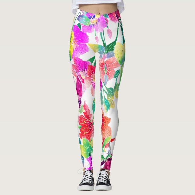 Elegant Tropical Colorful Flowers Leggings (Framsida)