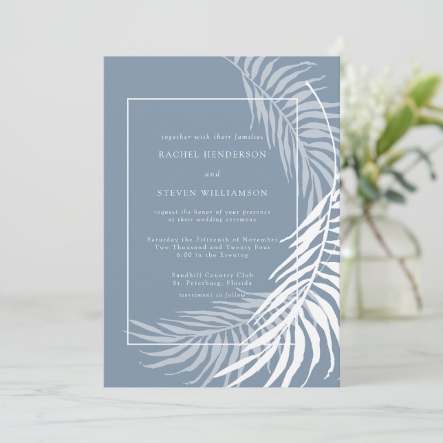 Elegant Tropical Dusty Blue and White Bröllop Inbjudningar (Stående Fram)