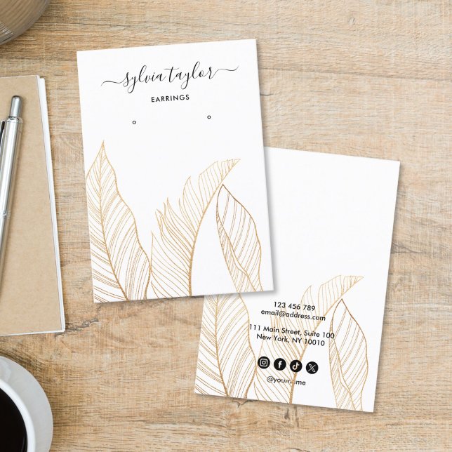 Elegant Tropical Earring Frame Display Add Logo Visitkort (hand made earring display card with gold tropical leaves)