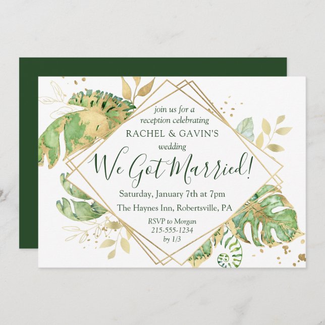 Elegant Tropical Elopement Wedding Reception Inbjudningar (Fram/baksida)