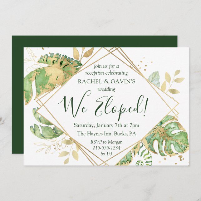 Elegant Tropical Elopement Wedding Reception Inbjudningar (Fram/baksida)