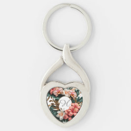 Elegant Tropical Floral Monogram Heart Keychain Twisted Heart Silverfärgad Nyckelring