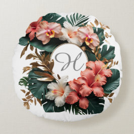 Elegant Tropical Floral Monogram Round Pillow Rund Kudde
