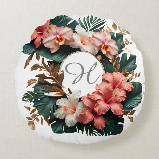 Elegant Tropical Floral Monogram Round Pillow Rund Kudde (Framsidan)