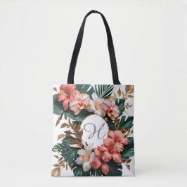 Elegant Tropical Floral Monogram Tote Bag Tygkasse