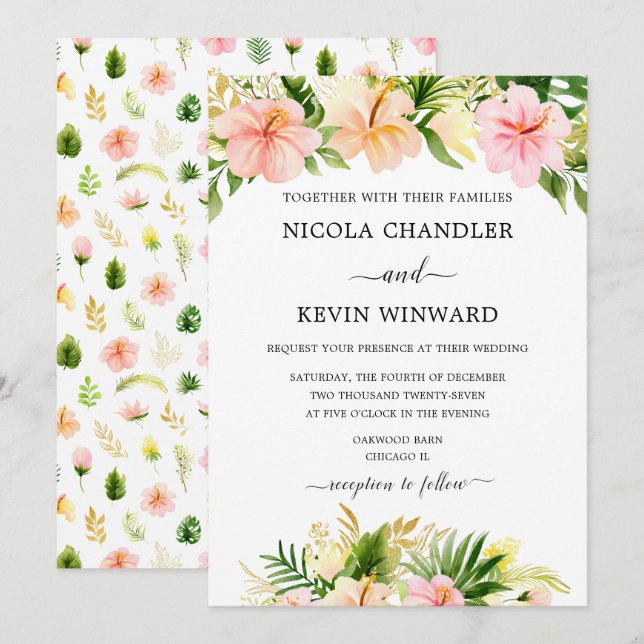 Elegant Tropical Floral Wedding Inbjudningar (Fram/baksida)