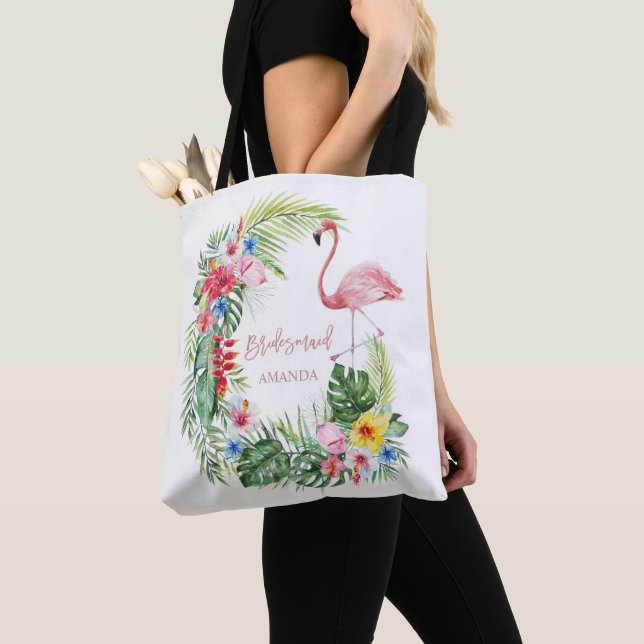 Elegant Tropical Flowers Flamingo Bridesmaid Tygkasse (Närbild)