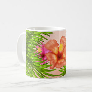 Elegant Tropical Flowers Rosa Blommigt Grönt Löv  Kaffemugg