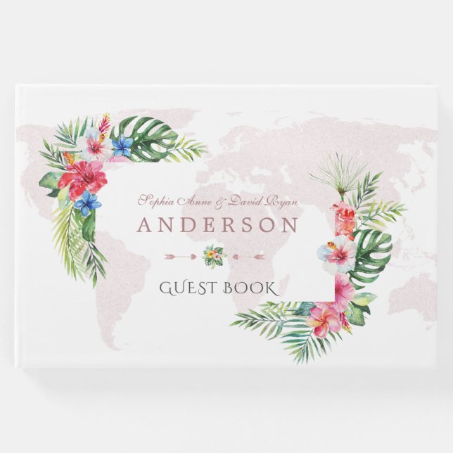 Elegant Tropical Flowers World Map Bröllop Gästböcker (Framsida)