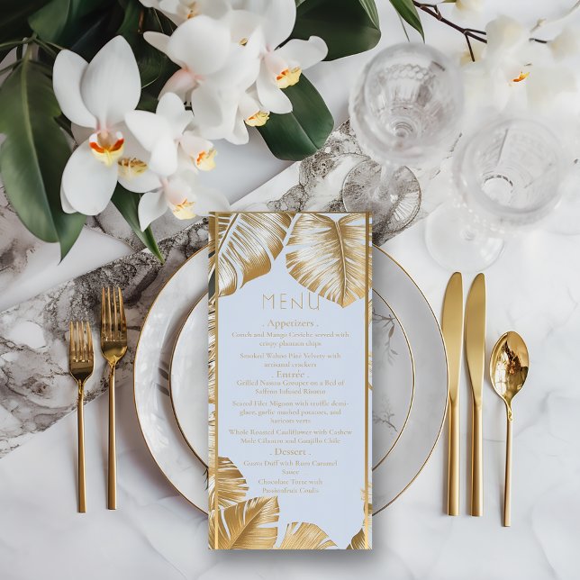 Elegant Tropical Gilded Guld Monstera Bröllop Meny (Stylish Formal Tropical Gilded Gold Monstera Leaf Wedding Menu)