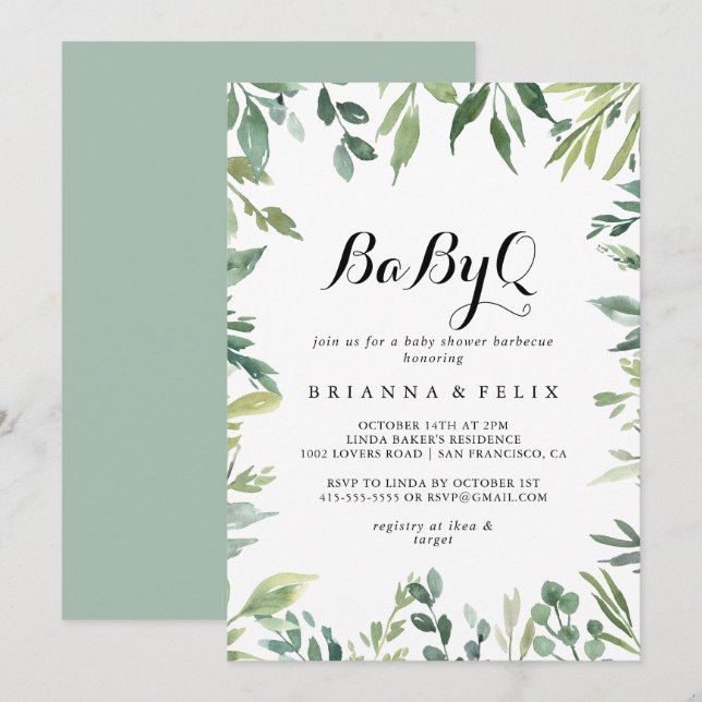 Elegant Tropical Grönt BabyQ Baby Shower Barbecue Inbjudningar (Fram/baksida)