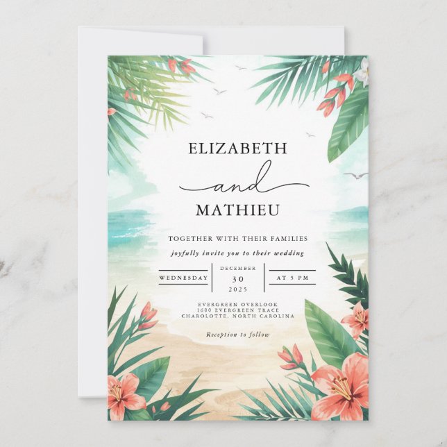Elegant Tropical Grönt Blommigt Beach Wedding Inbjudningar (Framsida)