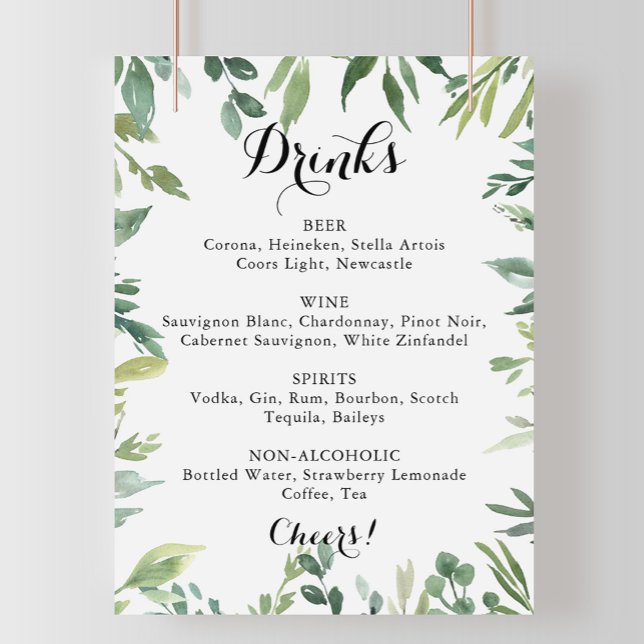 Elegant Tropical Grönt Bröllop Drinks Menu Sign Poster (Skapare uppladdad)
