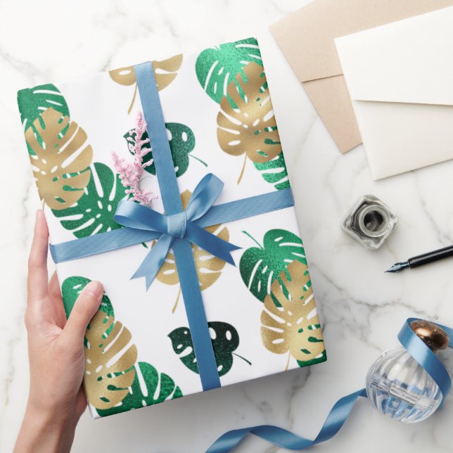 Elegant Tropical Guld & Grönt Monstera Löv Presentpapper (Gifting)