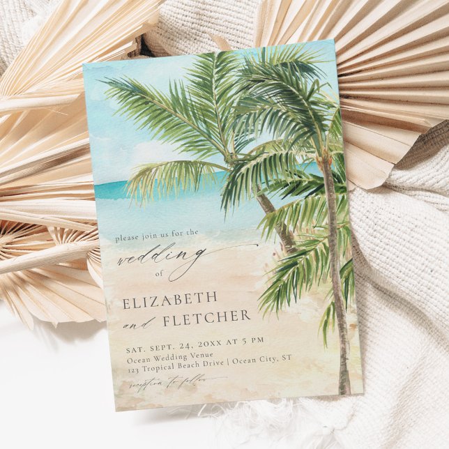Elegant Tropical Handflatan Träd Beach Wedding Inbjudningar (Skapare uppladdad)