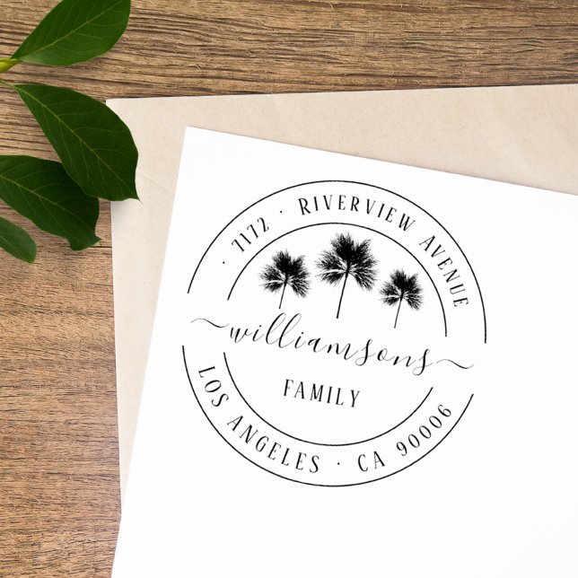 Elegant Tropical Handflatan Träd Family Returadres Stämpel (elegant vintage tropical palm trees family name return address)
