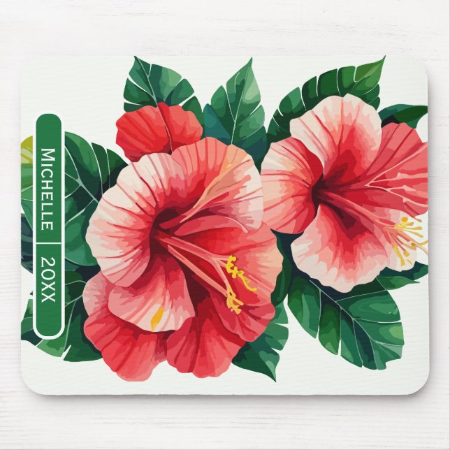 Elegant Tropical Hawaii Hibiscus Grönt Monogram Musmatta (Framsidan)
