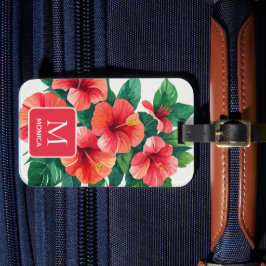 Elegant Tropical Hawaii Hibiscus Red Monogram Bagagebricka