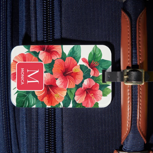 Elegant Tropical Hawaii Hibiscus Red Monogram Bagagebricka (Framsida Insitu 4)