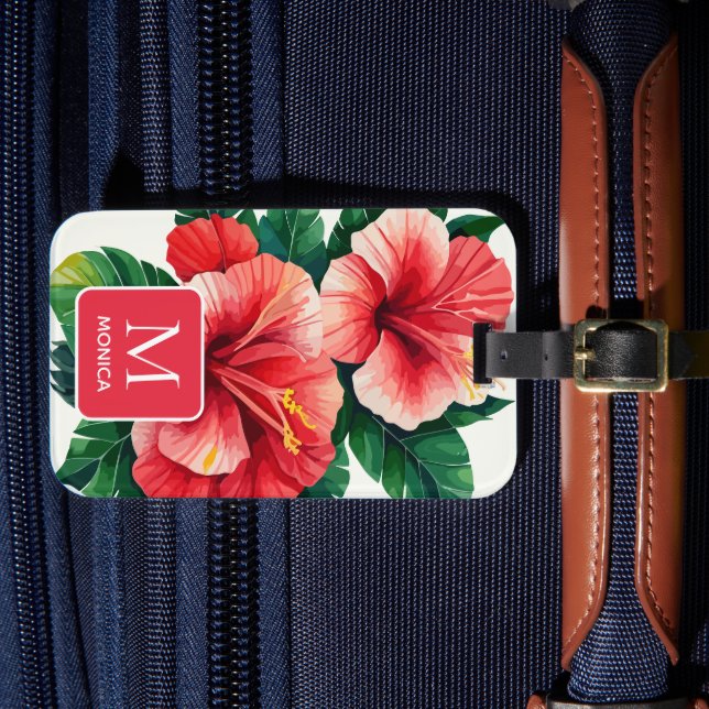 Elegant Tropical Hawaii Hibiscus Red Monogram Bagagebricka (Framsida Insitu 4)