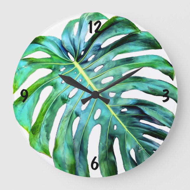 Elegant Tropical Hawaii Monstera Löv-foto Stor Klocka (Framsida)