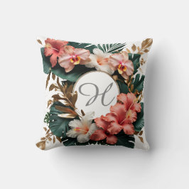 Elegant Tropical Hibiscus Gold Monogram Pillow Kudde