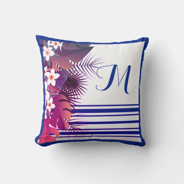 Elegant Tropical Lila Blue Blommigt Monogram Kudde (Framsida)