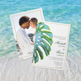 Elegant Tropical Löv Photo Grönt Guld Bröllop Inbjudningar