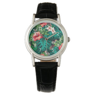 Elegant Tropical Lövs and Hibiscus Flowers Armbandsur