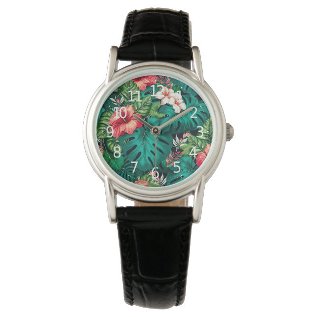 Elegant Tropical Lövs and Hibiscus Flowers | Armbandsur (Framsida)