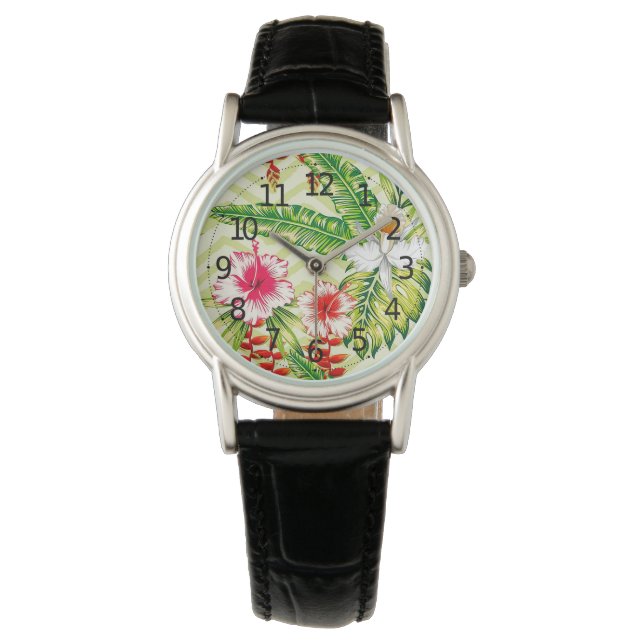 Elegant Tropical Lövs and Hibiscus Flowers | Armbandsur (Framsida)
