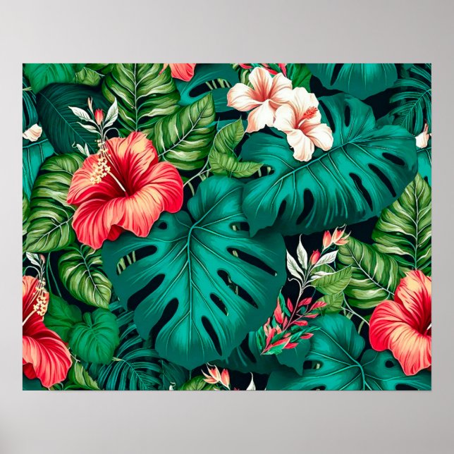 Elegant Tropical Lövs and Hibiscus Flowers | Poster (Framsidan)