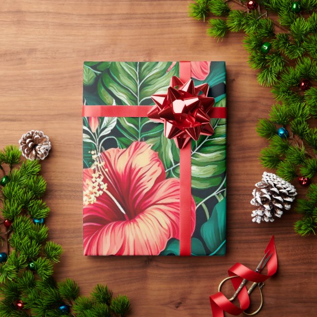 Elegant Tropical Lövs and Hibiscus Flowers | Presentpapper (Julgåva)