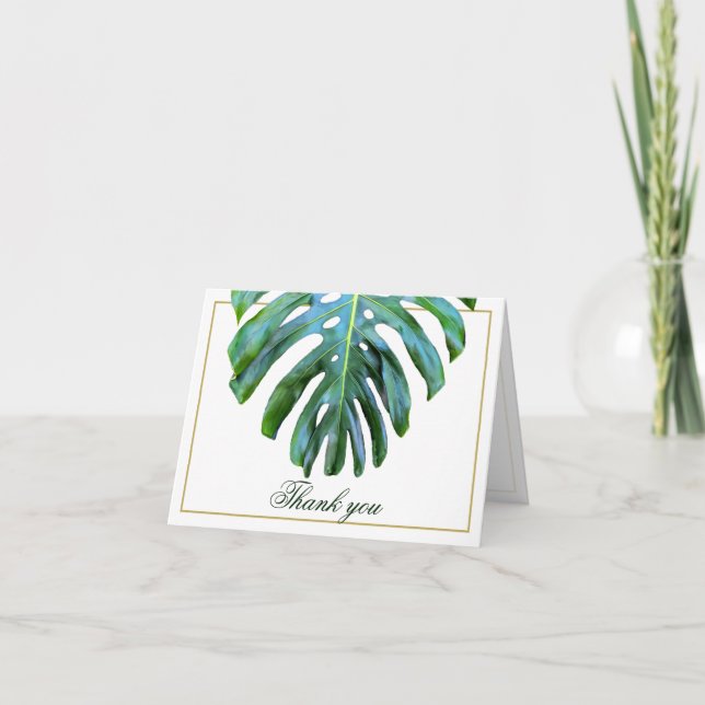 Elegant Tropical Monstera Löv Guld Beach Wedding Tack Kort (Framsida)