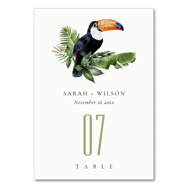 Elegant Tropical Rainforest Toucan Fauna Bröllop Bordsnummer (Framsidan)