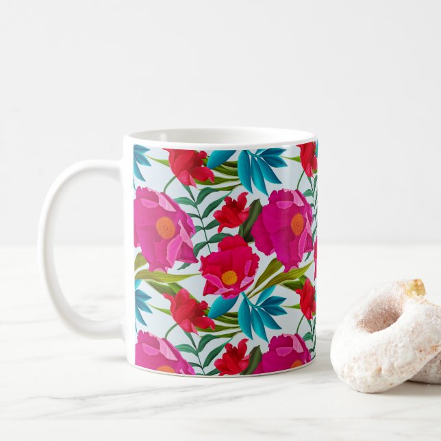 Elegant Tropical Rosa and Red Flowers Kaffemugg (Med munk)