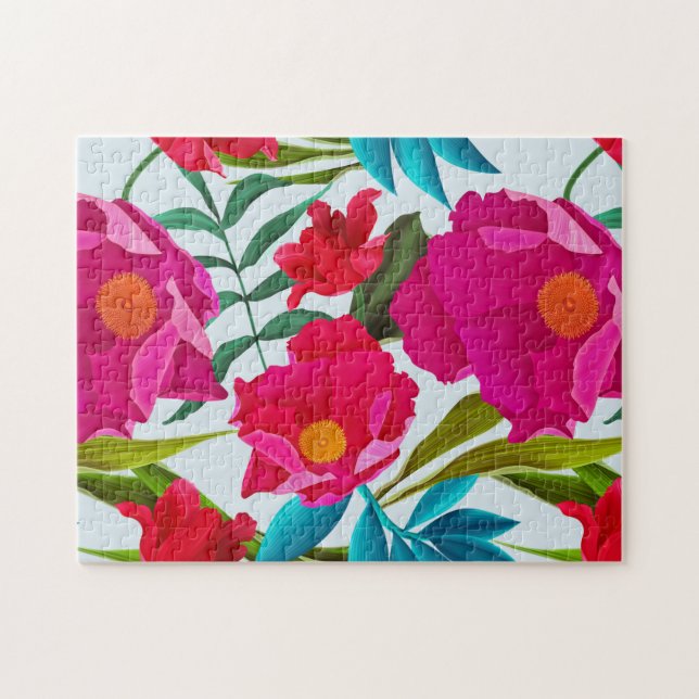 Elegant Tropical Rosa and Red Flowers Puzzle Pussel (Horisontell)