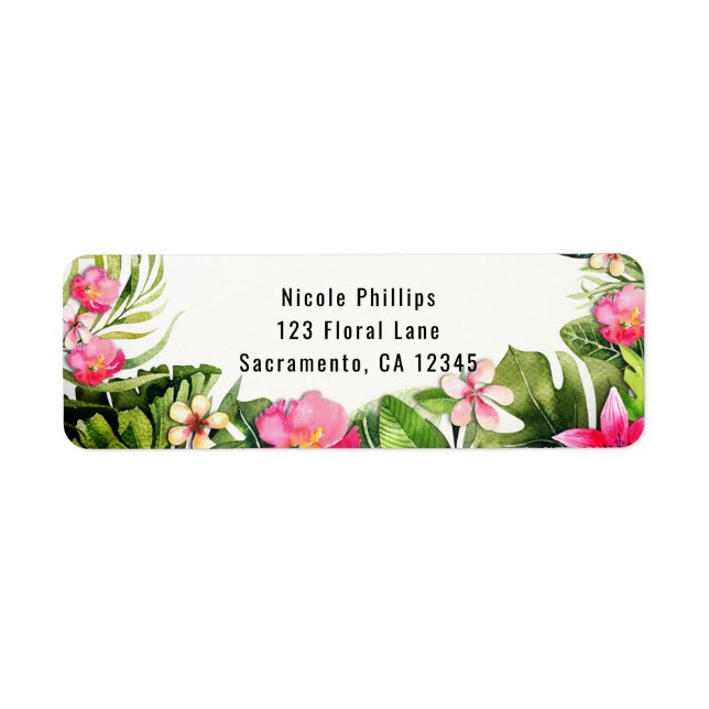 Elegant Tropikernas Grönt Löv Blommigt Vattenfärg  Returadress Etikett (Framsidan)