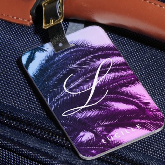 Elegant Tropisk Anpassat Namn Monogram | Gradient Bagagebricka ("Everyday is abundantly beautiful." 
Sincerely Best Wishes from Lucky Design World)