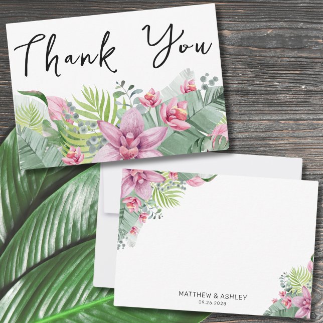 Elegant Tropisk Blommig Bröllop Tack Kort (Modern Elegant Palm Floral Beach Tropical Wedding Thank You Card)