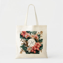 Elegant tropisk blommonogram canvas handväska tygkasse