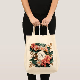 Elegant tropisk blommonogram livsmedelsbutik tygkasse