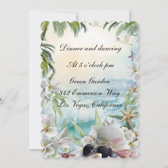 Elegant tropisk blomstrandbröllopsmottagning inbjudningar (Framsida)