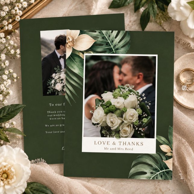 Elegant Tropisk Botanisk Foto Bröllop Tack Kort (Elegant Tropical Botanical Photo Wedding Thank You Card)