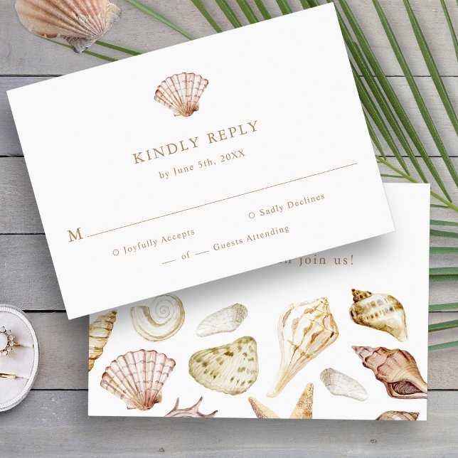 Elegant Tropisk Bröllop OSA Kort (Elegant Watercolor Seashell Tropical Beach Wedding RSVP Card by Painted Paperie
)