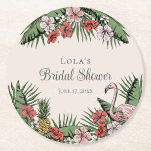 Elegant Tropisk Flamingo & Hibiskus Bröllopsdusch Underlägg Papper Rund